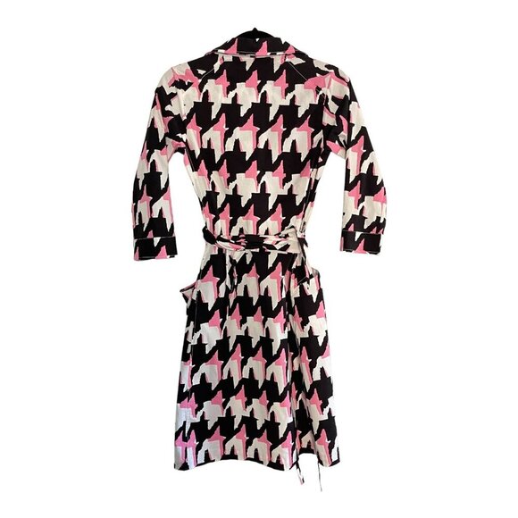 Samantha Sung Pink Black Houndstooth Print Shirt Dress Wrap Belt Pockets Size S - Picture 3 of 11